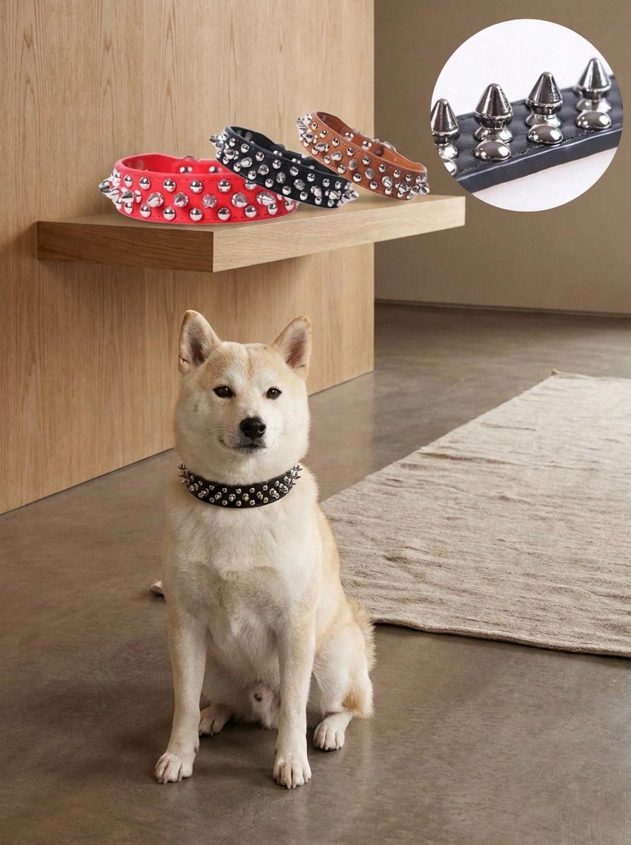 Adjustable PU leather dog collar with punk rivet and spiked detailing for pet dogs