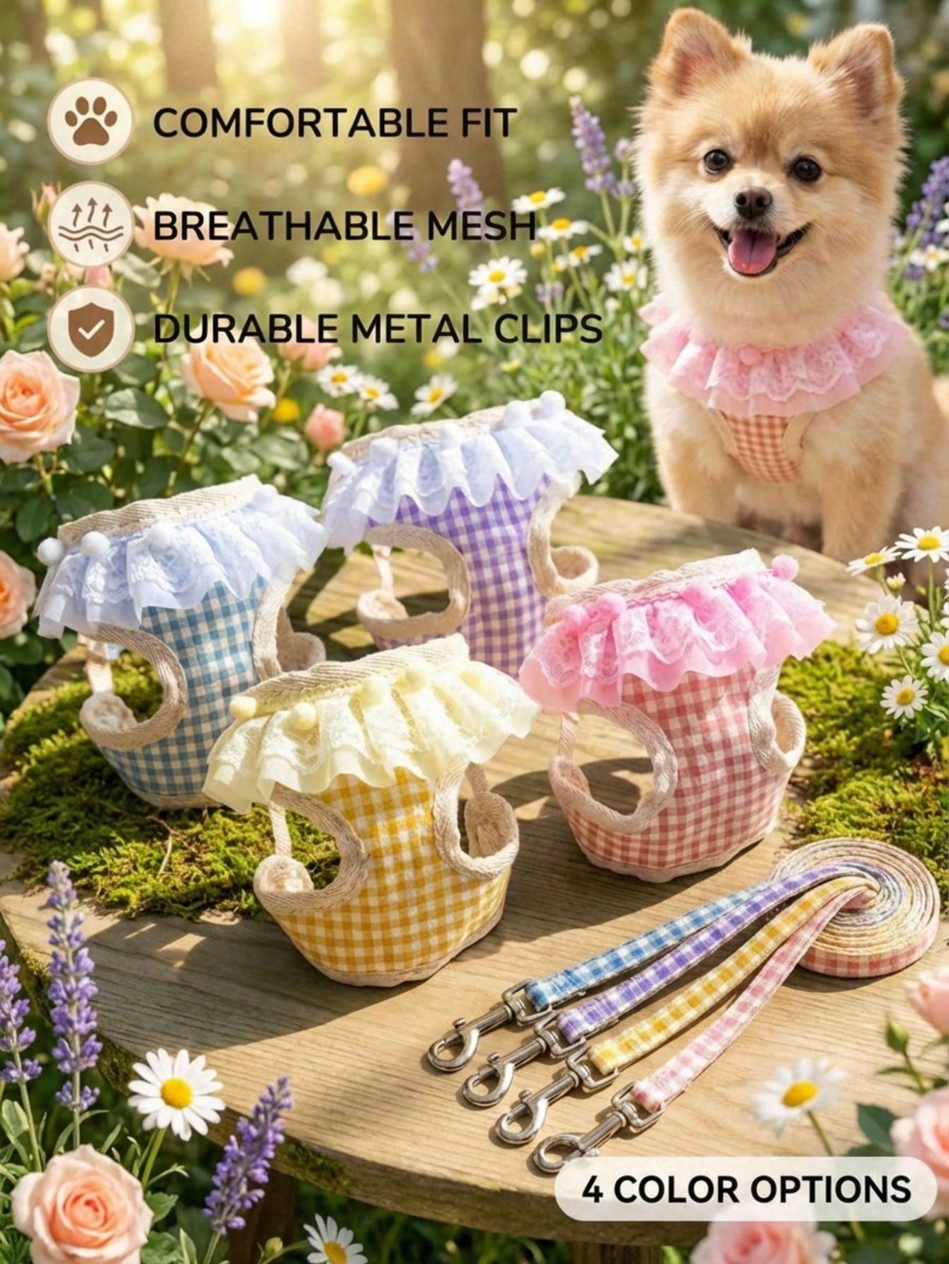 Multicolor breathable mesh pet harness and leash set for dogs and cats with checkered lace design, mesh pocket, reflective details, and safety lock buckle
