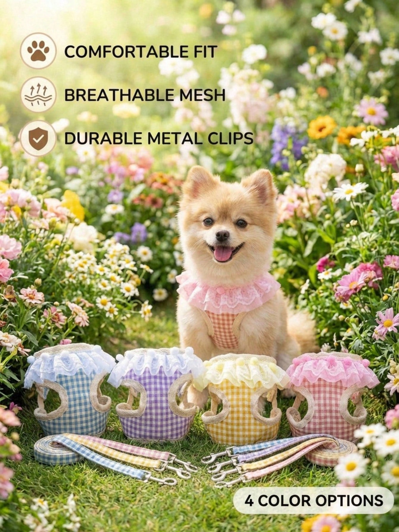 Multicolor breathable mesh pet harness and leash set for dogs and cats with checkered lace design, mesh pocket, reflective details, and safety lock buckle