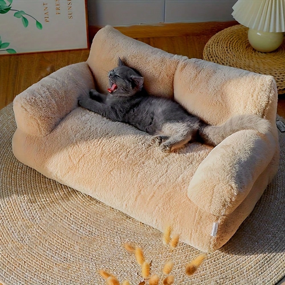 Orange plush cat sofa bed with high-resilience polyester filling and durable frame for small dogs and cats