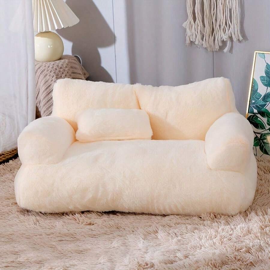 Orange plush cat sofa bed with high-resilience polyester filling and durable frame for small dogs and cats