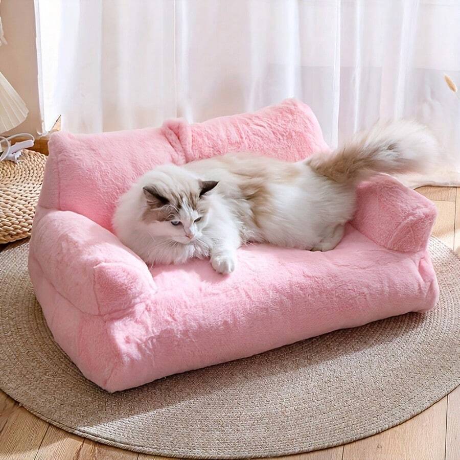 Orange plush cat sofa bed with high-resilience polyester filling and durable frame for small dogs and cats
