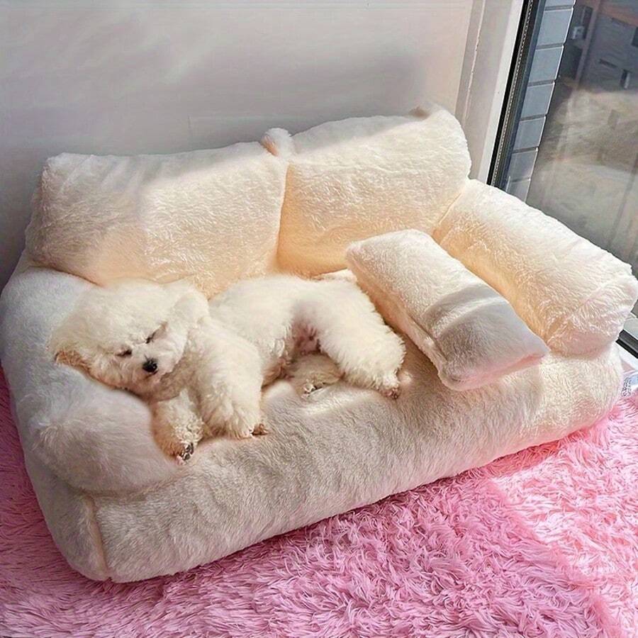 Orange plush cat sofa bed with high-resilience polyester filling and durable frame for small dogs and cats