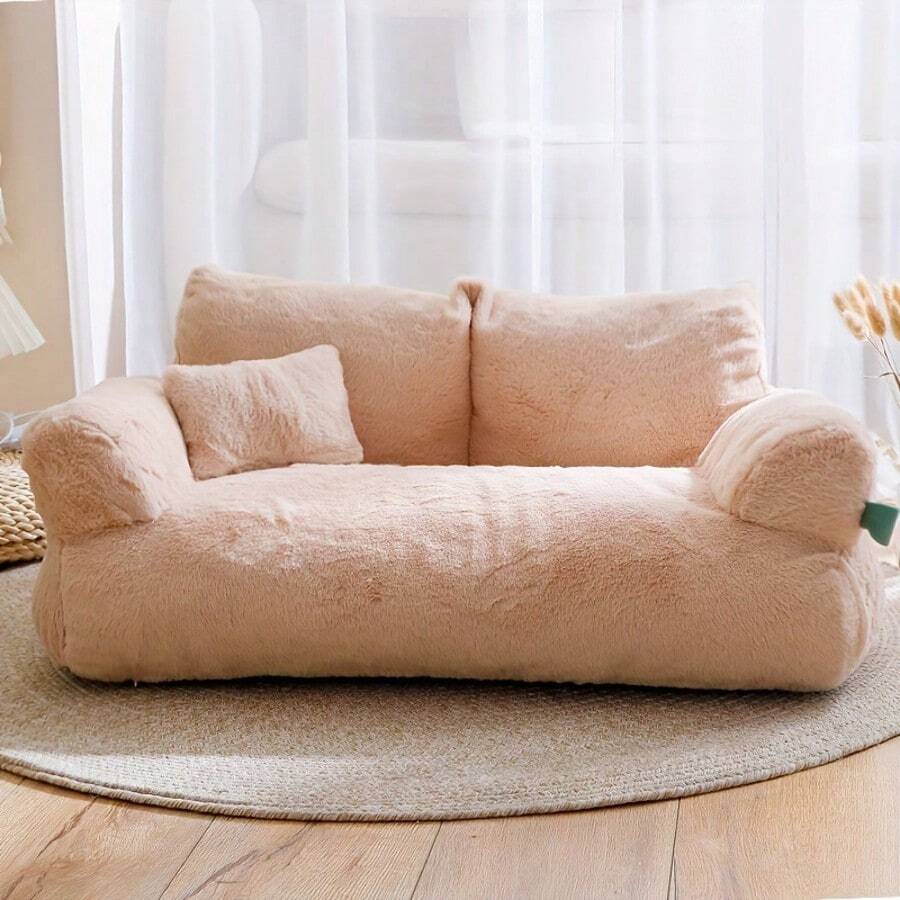 Orange plush cat sofa bed with high-resilience polyester filling and durable frame for small dogs and cats