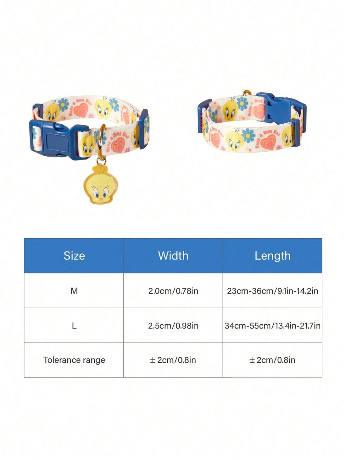 Blue adjustable polyamide dog collar with cartoon flower print for small and medium dogs, suitable for walking, training, and everyday wear.