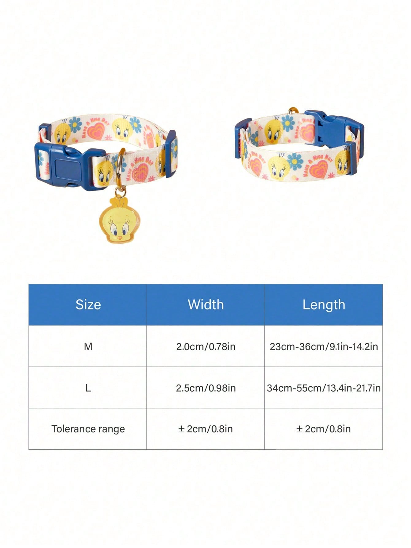 Blue adjustable polyamide dog collar with cartoon flower print for small and medium dogs, suitable for walking, training, and everyday wear.