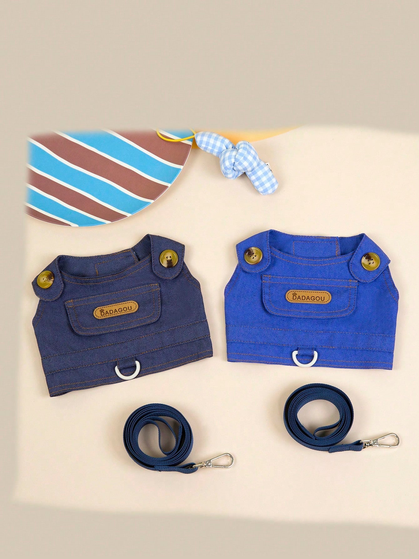 Multicolor fabric pet harness skirt with matching leash set featuring a cartoon pattern for cats and dogs.