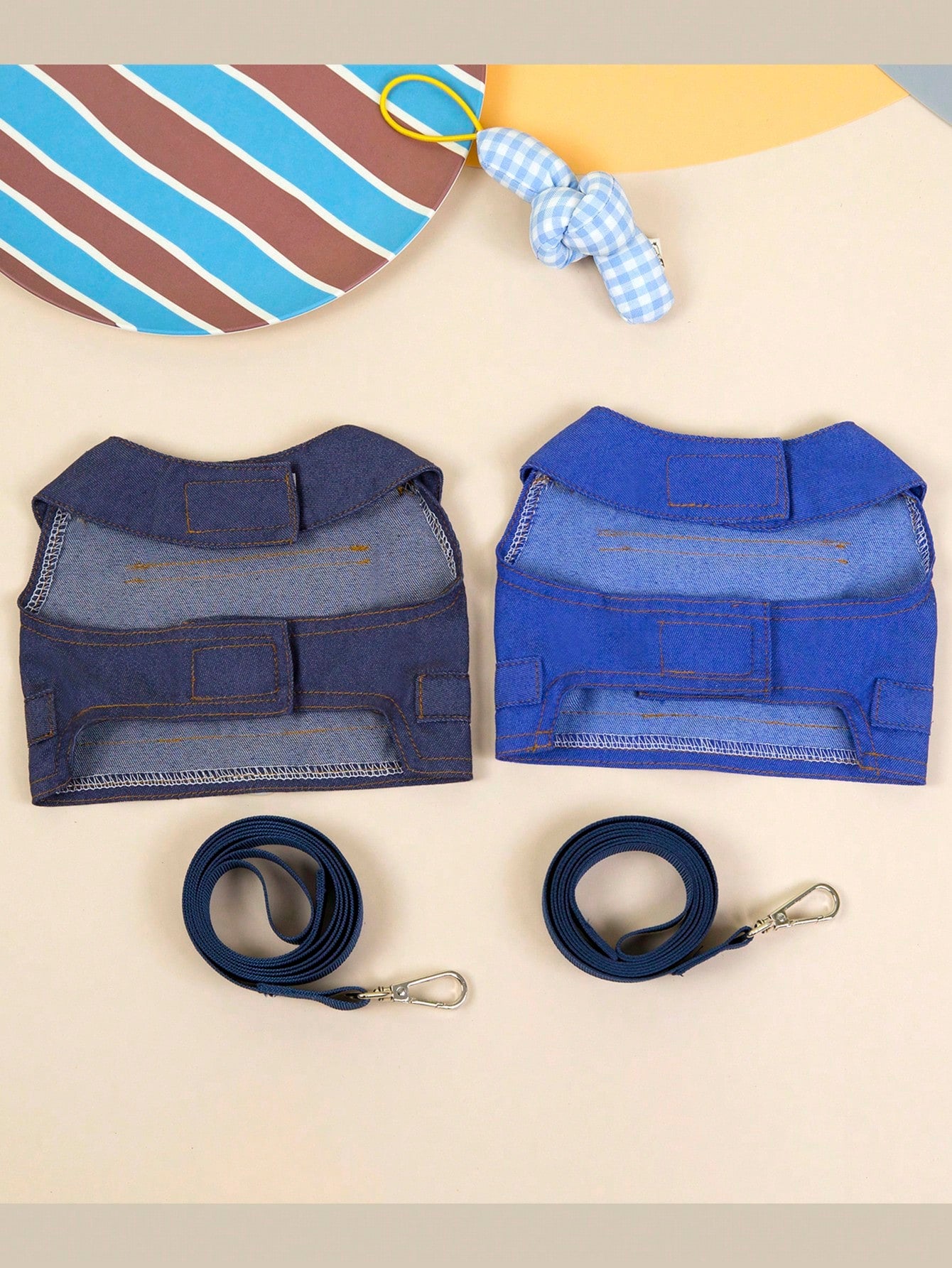 Multicolor fabric pet harness skirt with matching leash set featuring a cartoon pattern for cats and dogs.