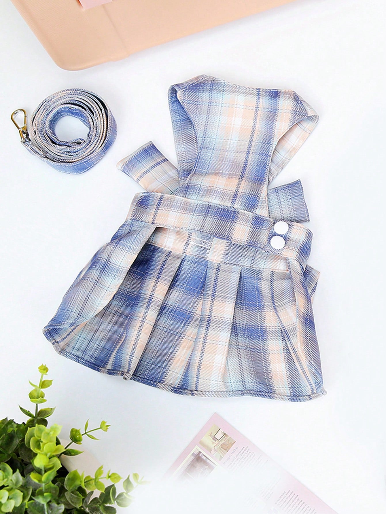 Multicolor plaid fabric pet harness skirt and leash set for cats and dogs, featuring a sweet skirt-style chest and back design for walking.