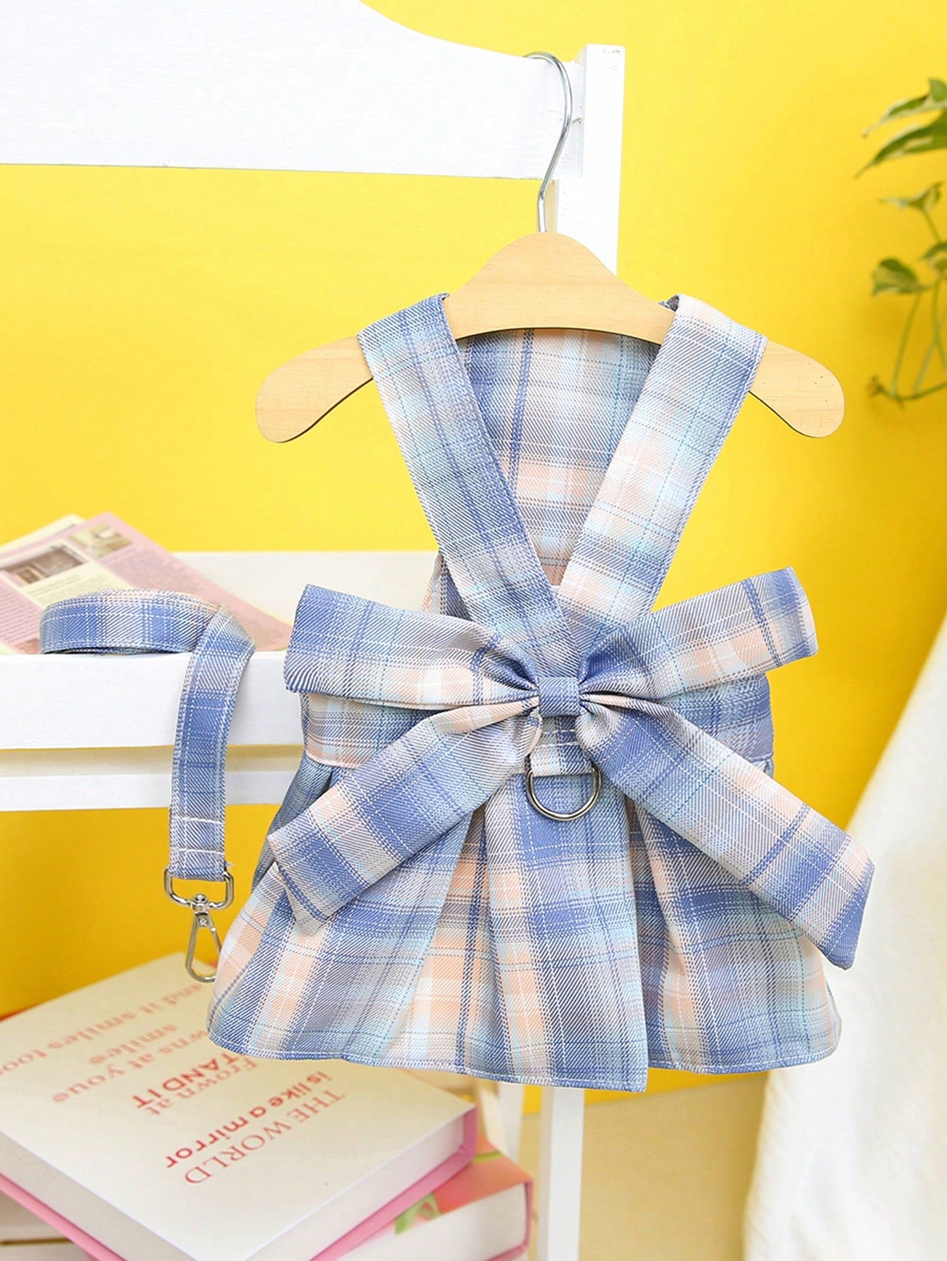 Multicolor plaid fabric pet harness skirt and leash set for cats and dogs, featuring a sweet skirt-style chest and back design for walking.