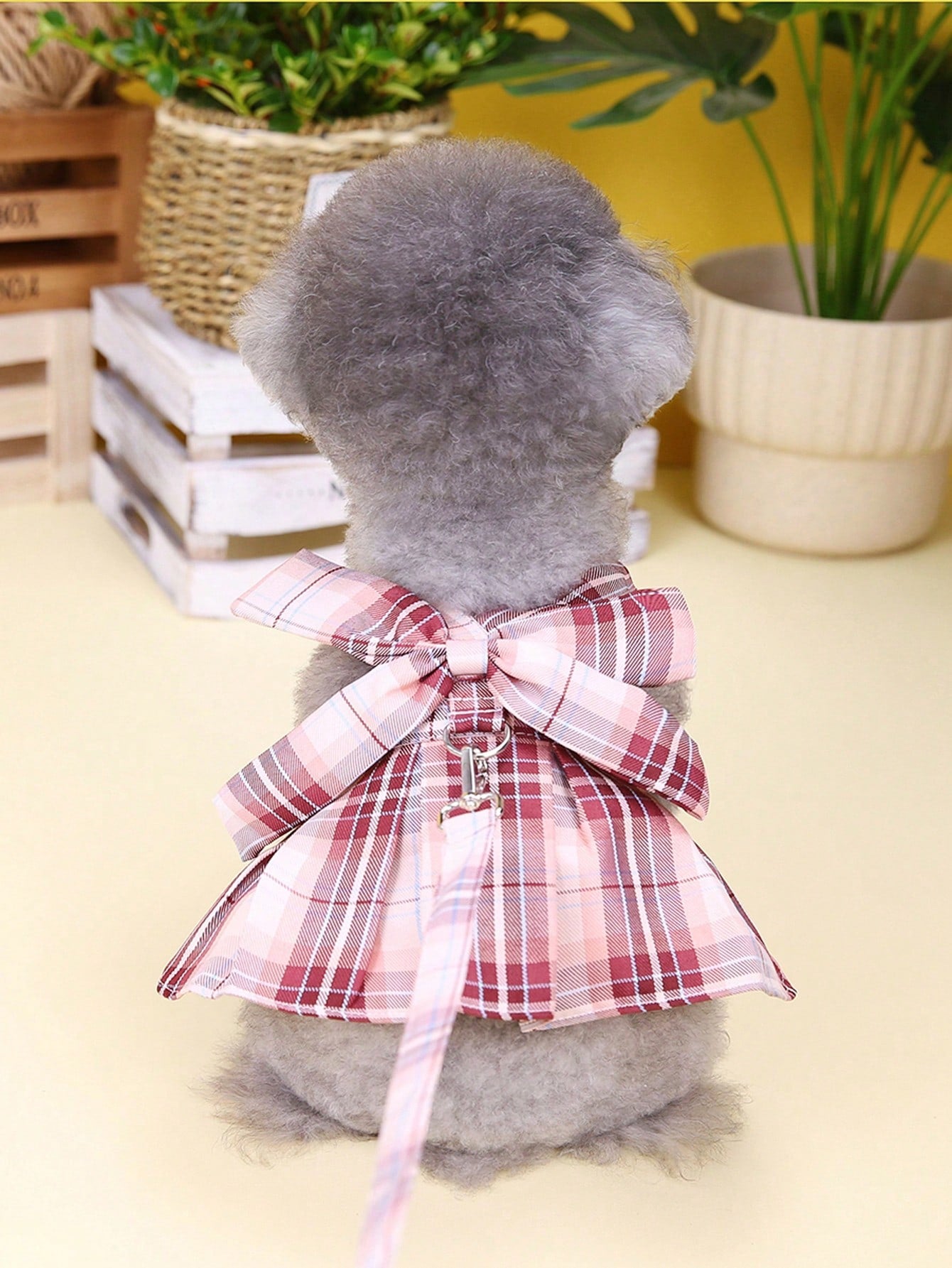 Multicolor plaid fabric pet harness skirt and leash set for cats and dogs, featuring a sweet skirt-style chest and back design for walking.