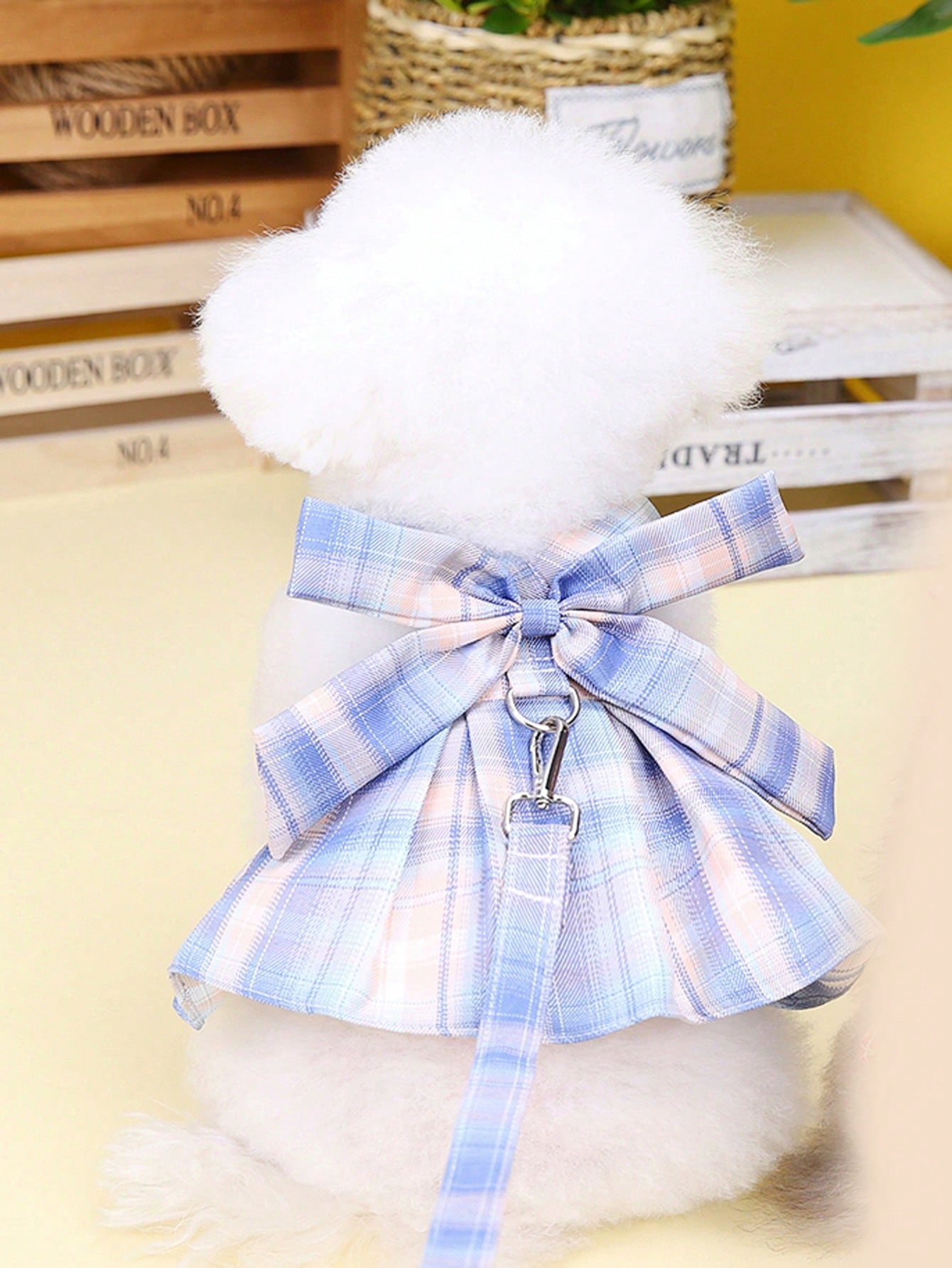 Multicolor plaid fabric pet harness skirt and leash set for cats and dogs, featuring a sweet skirt-style chest and back design for walking.