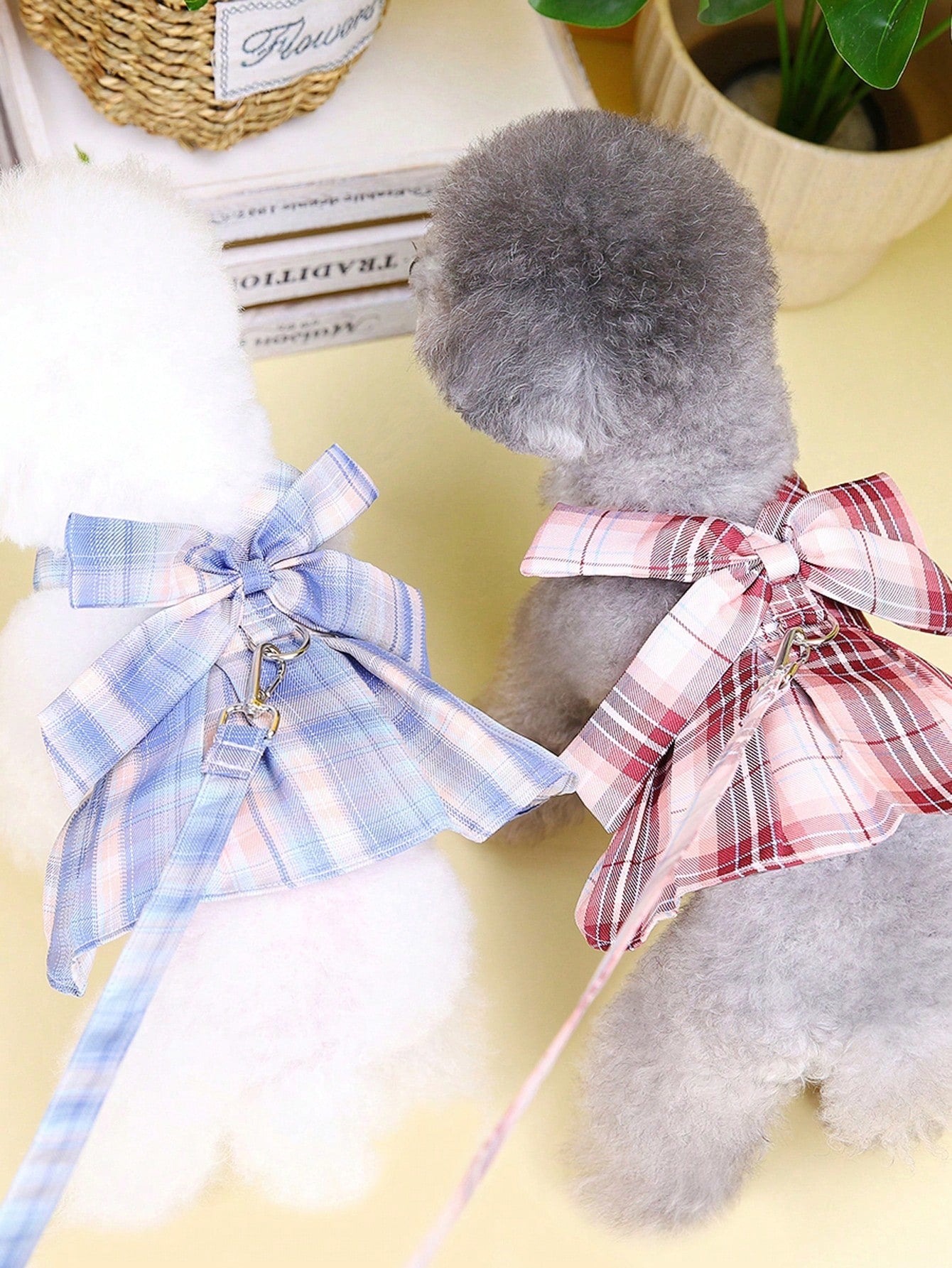 Multicolor plaid fabric pet harness skirt and leash set for cats and dogs, featuring a sweet skirt-style chest and back design for walking.