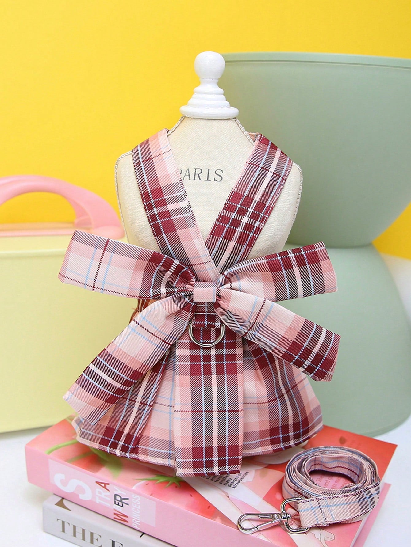Multicolor plaid fabric pet harness skirt and leash set for cats and dogs, featuring a sweet skirt-style chest and back design for walking.