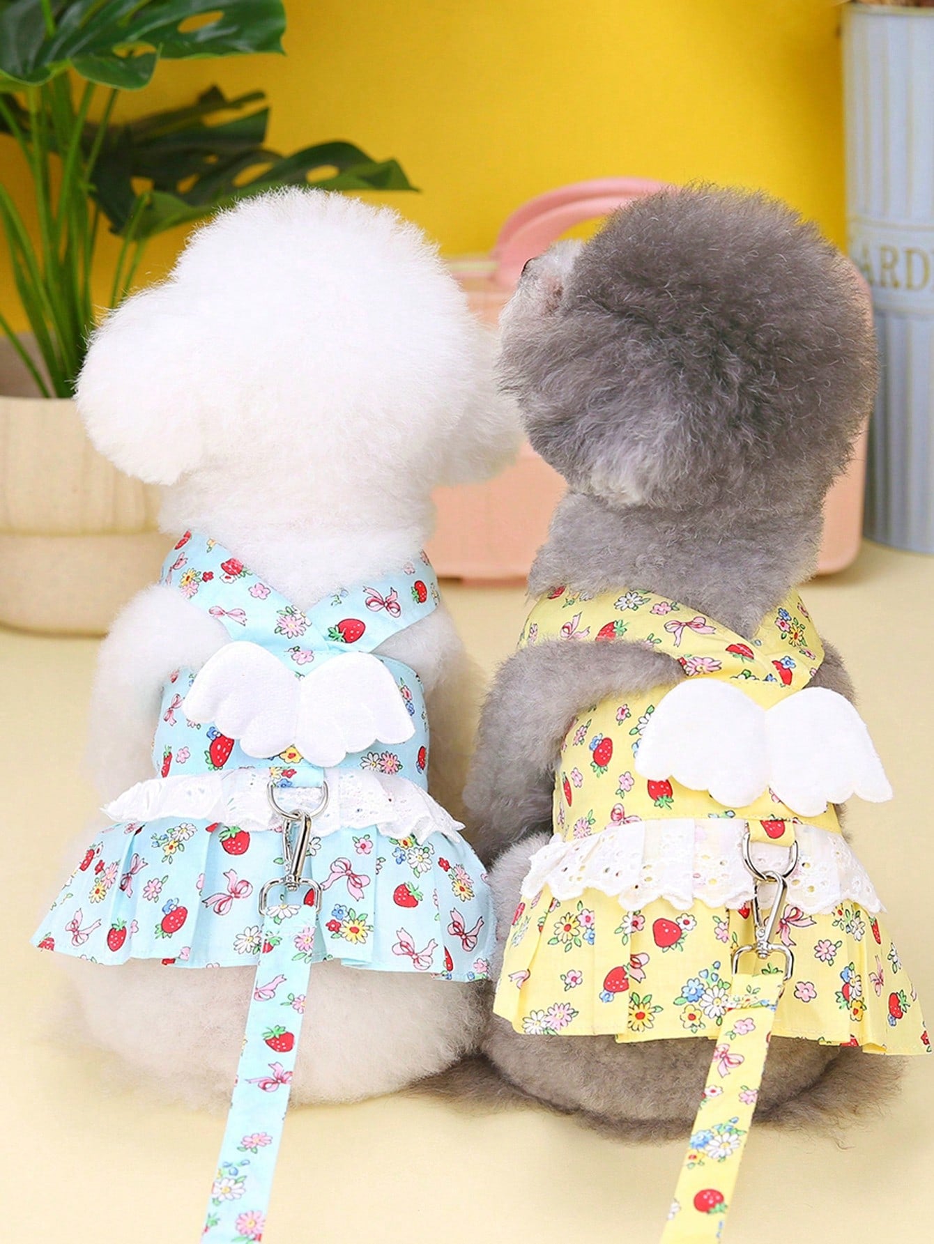 Multicolor fabric pet harness skirt set with matching leash for cats and dogs, designed as a sweet princess-style walking strap outfit for small pets.