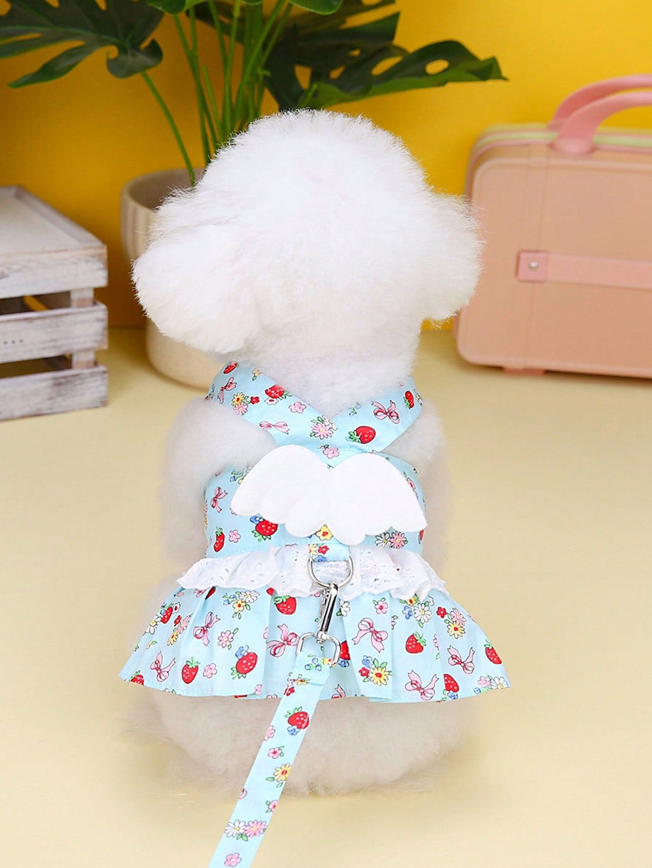 Multicolor fabric pet harness skirt set with matching leash for cats and dogs, designed as a sweet princess-style walking strap outfit for small pets.