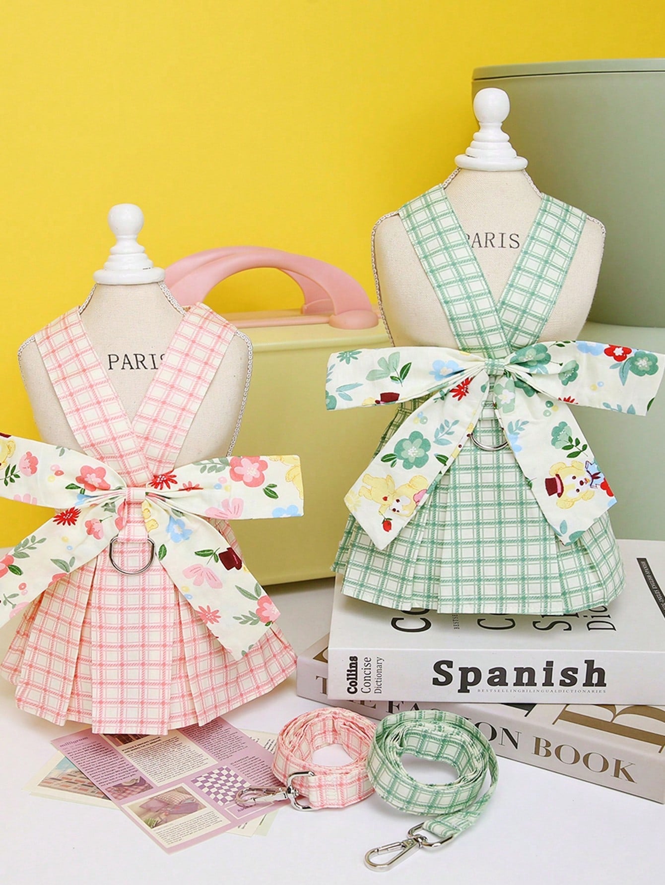 Pet harness skirt set with leash for cats and dogs, featuring a chest and back strap design with sweet princess skirt styling for walking.