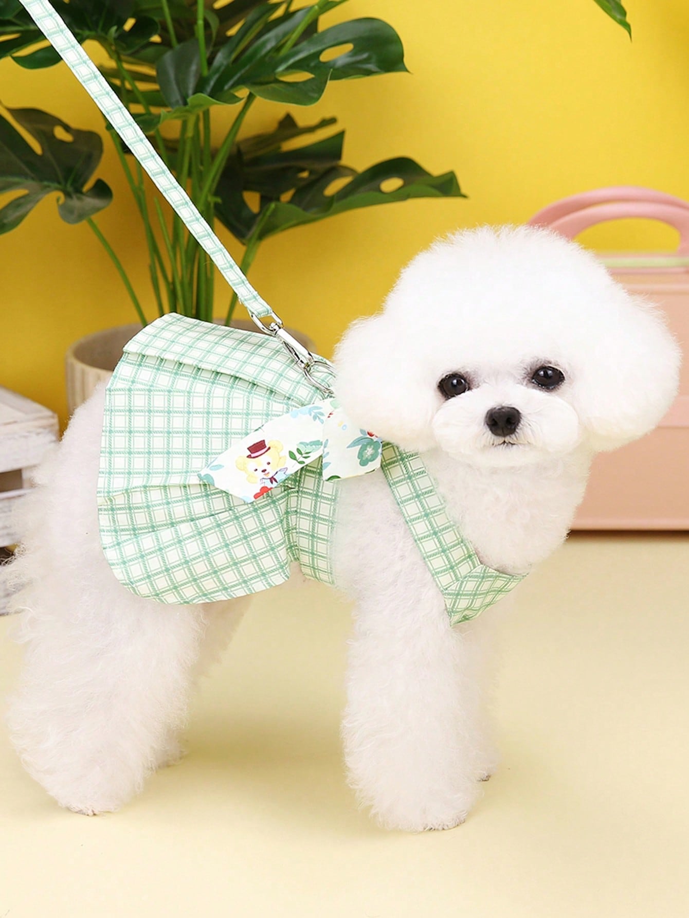 Pet harness skirt set with leash for cats and dogs, featuring a chest and back strap design with sweet princess skirt styling for walking.