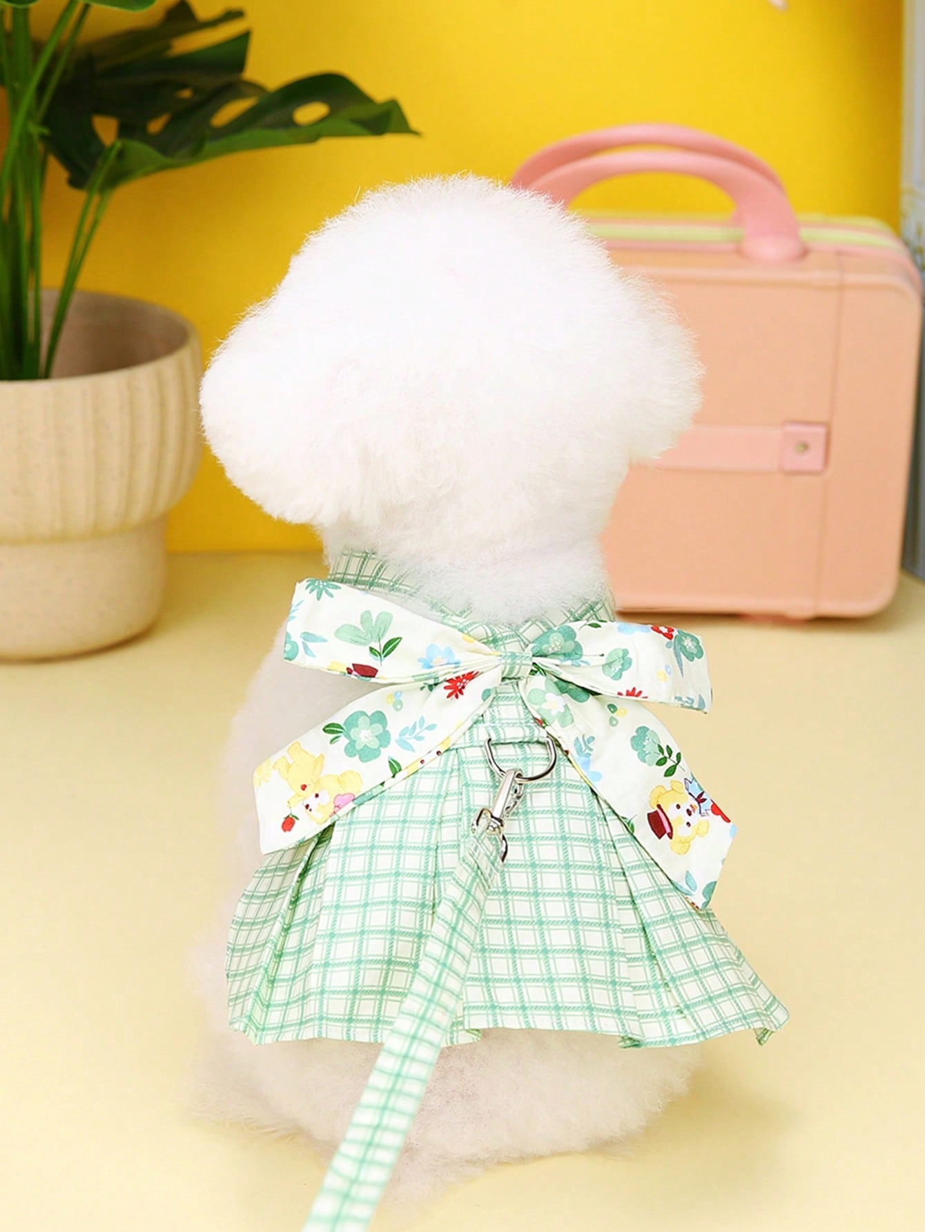 Pet harness skirt set with leash for cats and dogs, featuring a chest and back strap design with sweet princess skirt styling for walking.