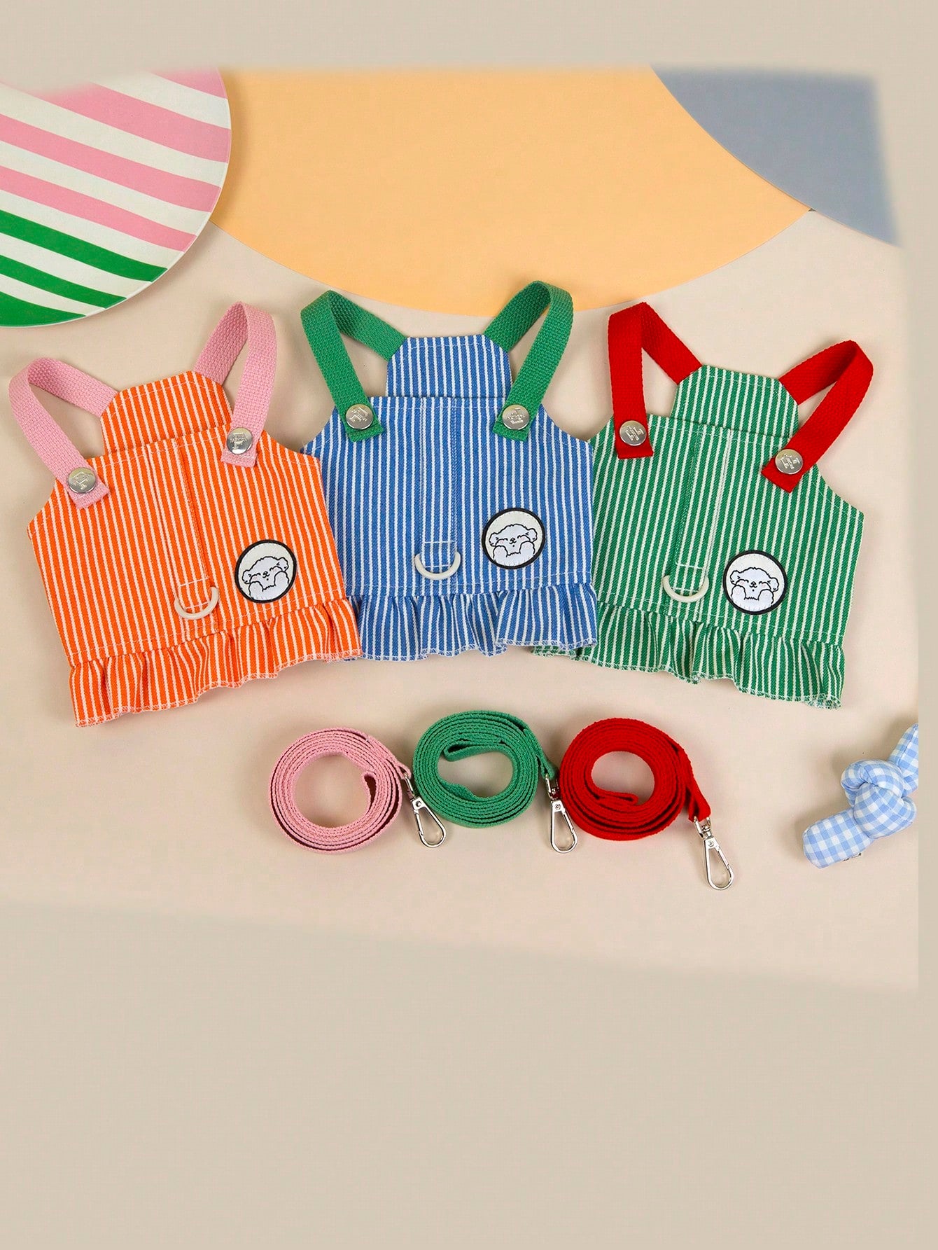 Multicolor fabric pet harness skirt set with matching leash for cats and dogs, featuring Christmas and fruit and vegetable patterns.