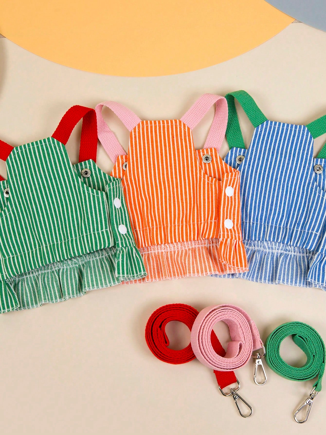 Multicolor fabric pet harness skirt set with matching leash for cats and dogs, featuring Christmas and fruit and vegetable patterns.