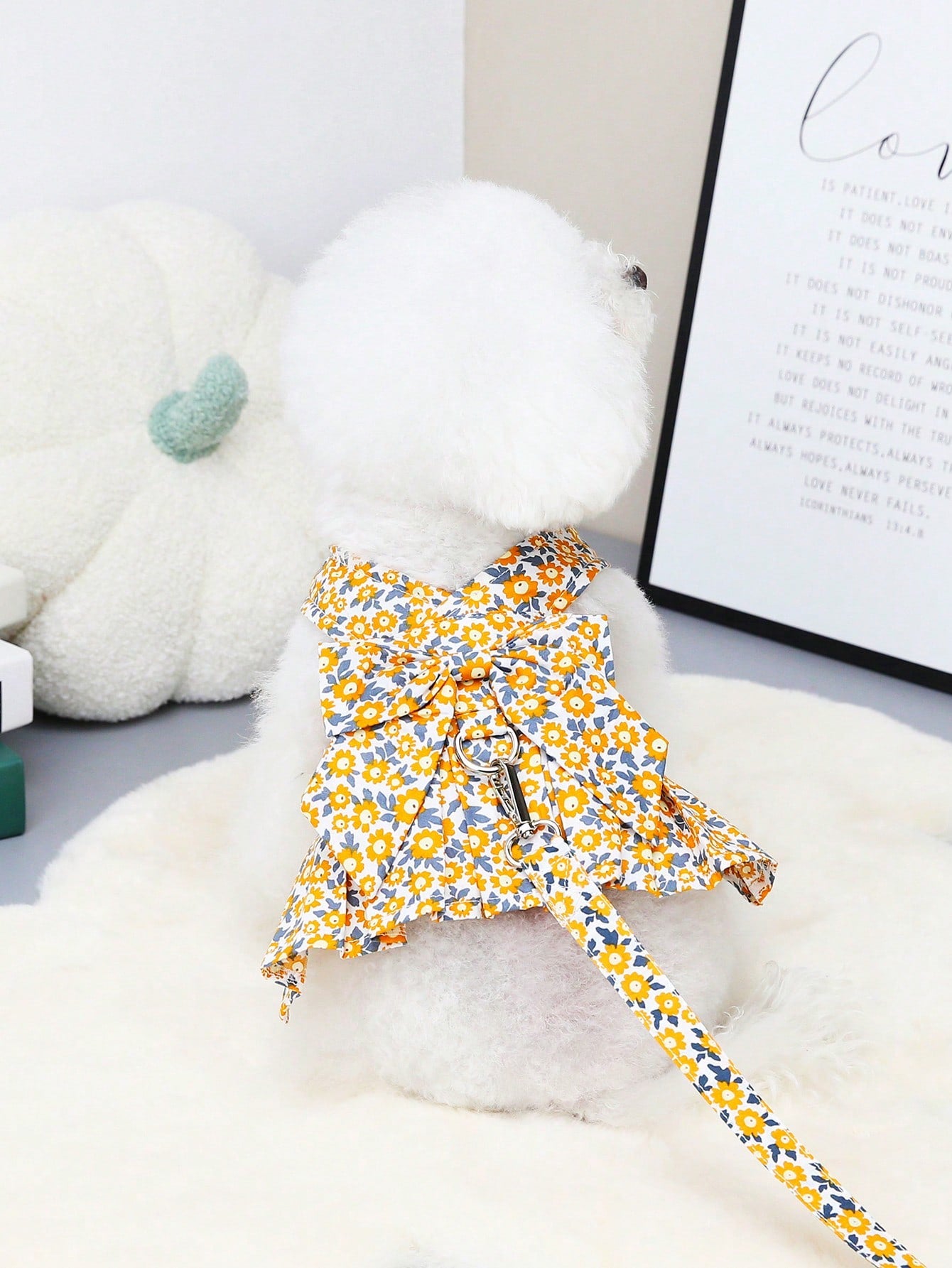 Multicolor fabric pet harness skirt and leash set with letter and plant patterns for cats and dogs