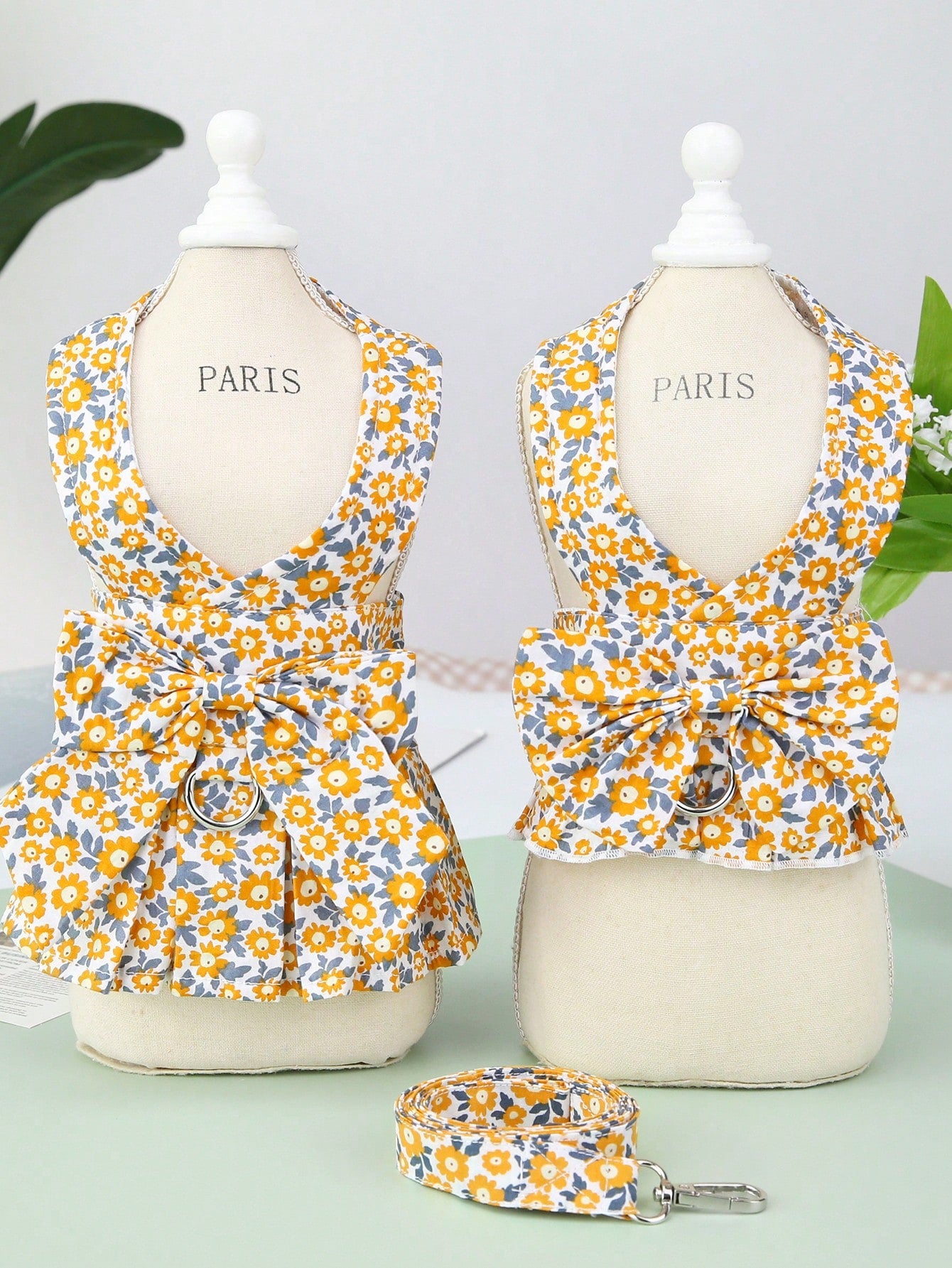 Multicolor fabric pet harness skirt and leash set with letter and plant patterns for cats and dogs