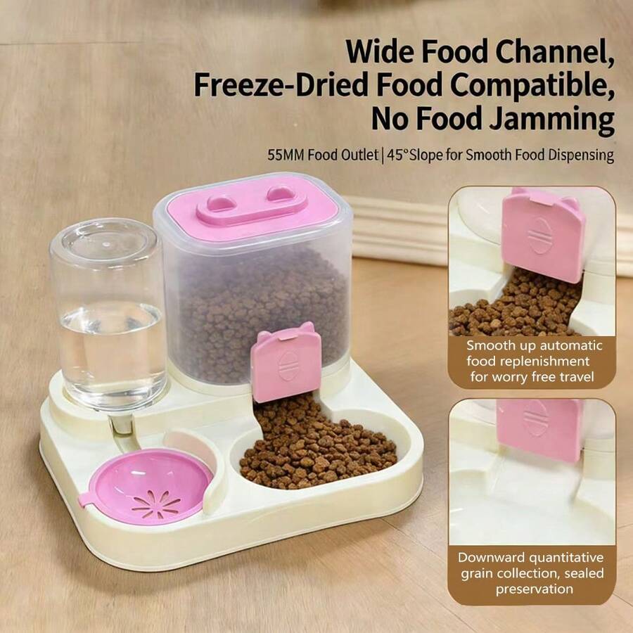 Automatic cat feeder and 1200ml food and water dispenser with cute cartoon design for cats and dogs