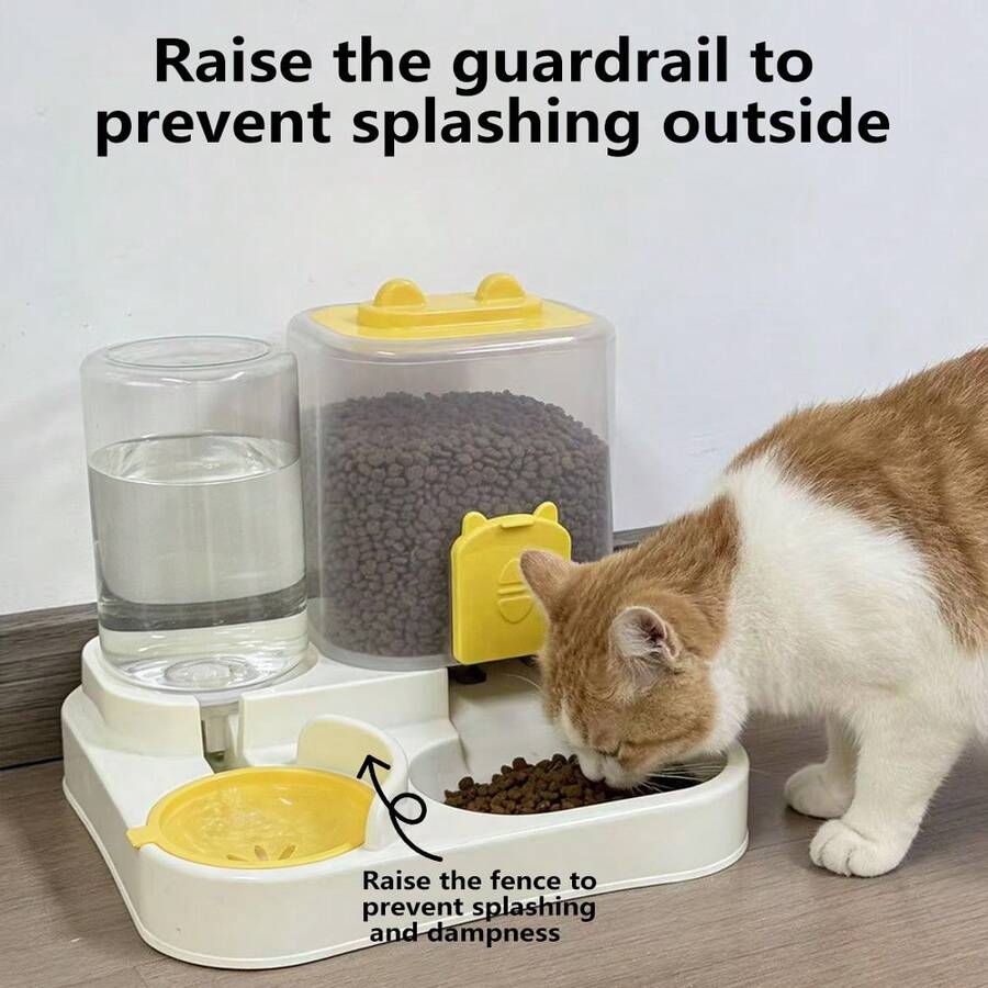 Automatic cat feeder and 1200ml food and water dispenser with cute cartoon design for cats and dogs