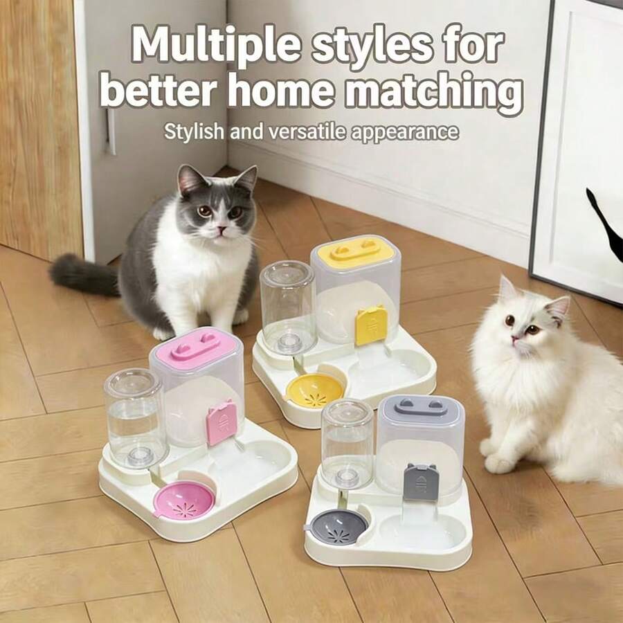 Automatic cat feeder and 1200ml food and water dispenser with cute cartoon design for cats and dogs