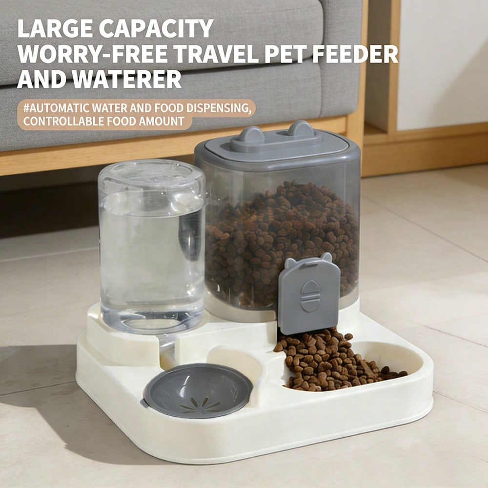 Automatic cat feeder and 1200ml food and water dispenser with cute cartoon design for cats and dogs