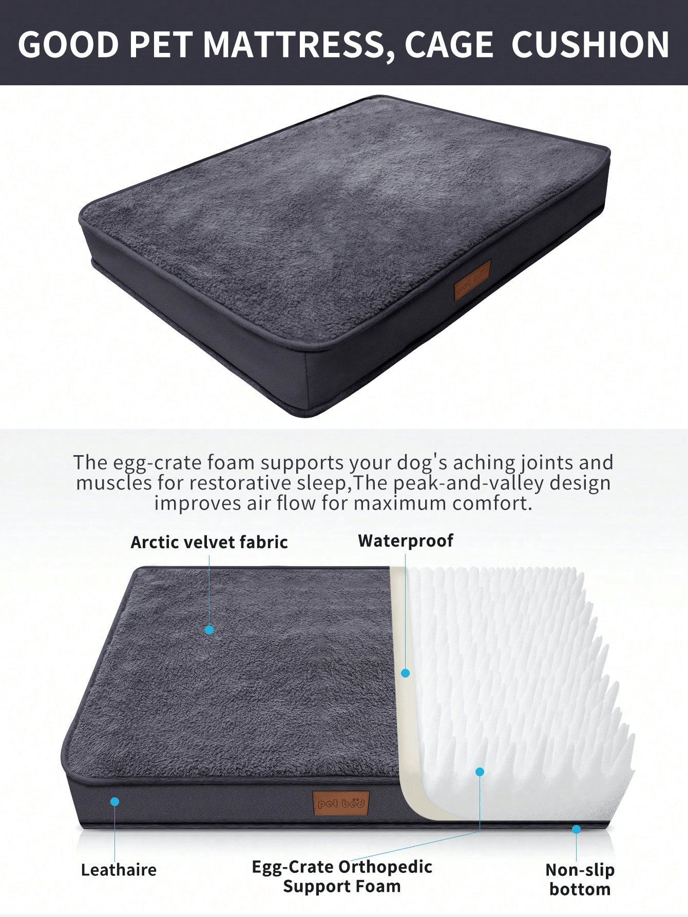 Dark grey memory foam pet bed with removable washable faux fur cover and non-slip bottom for dogs and cats