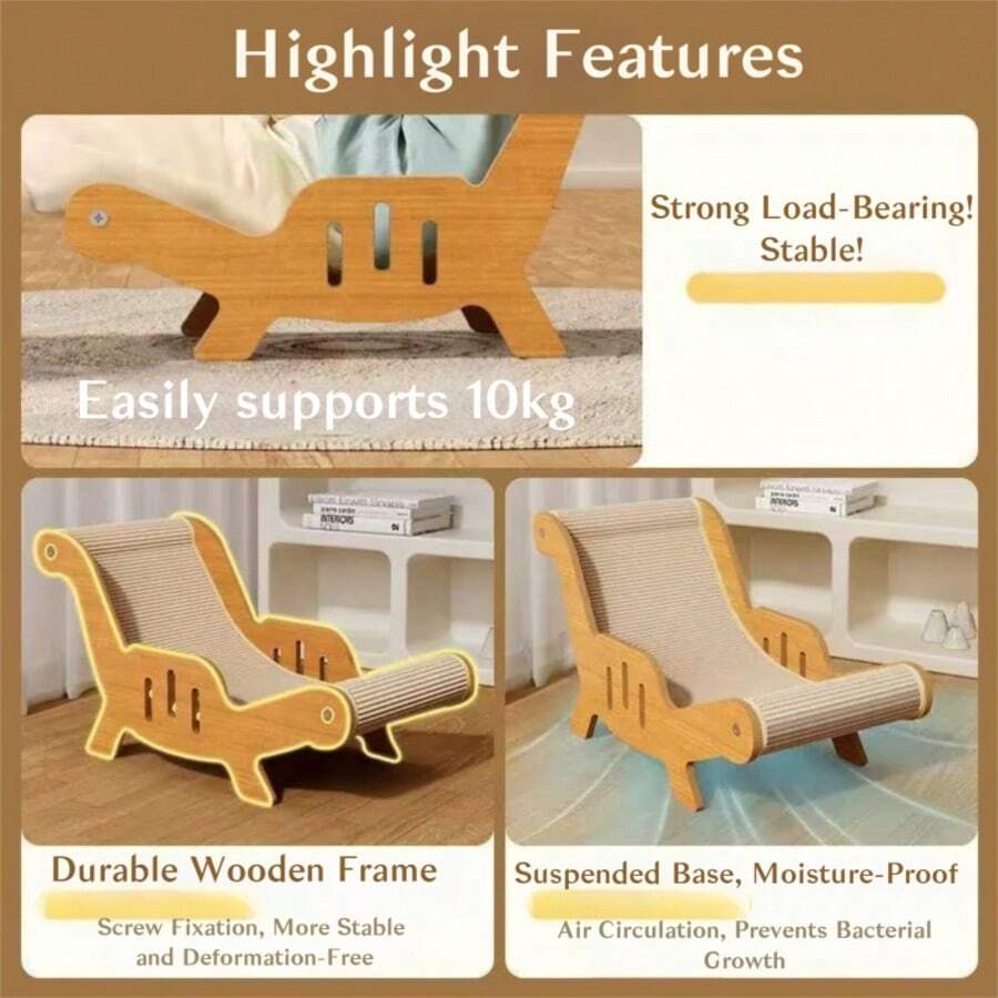 2-in-1 wooden cat scratcher lounge chair with natural sisal scratching surface for indoor cats