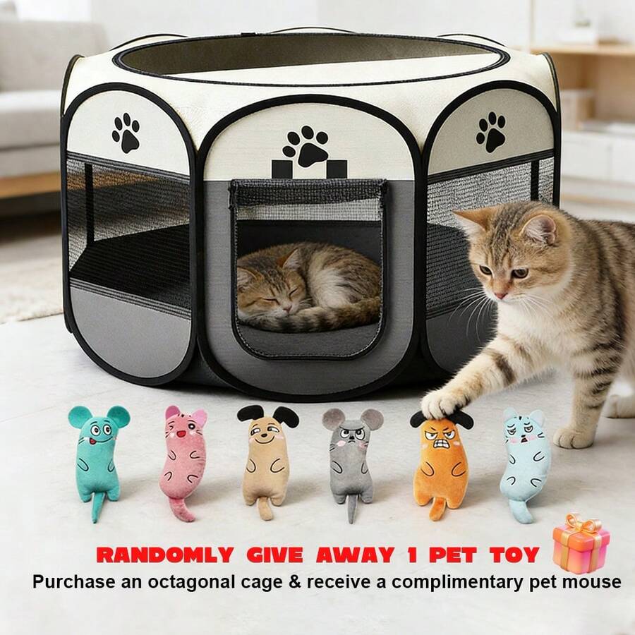 Light grey foldable octagonal pet playpen and portable travel tent made of scratch-resistant Oxford fabric for dogs and cats