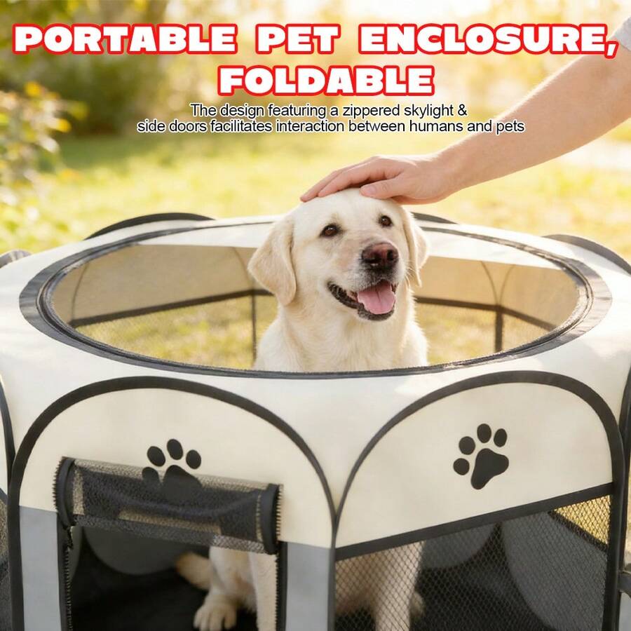Light grey foldable octagonal pet playpen and portable travel tent made of scratch-resistant Oxford fabric for dogs and cats