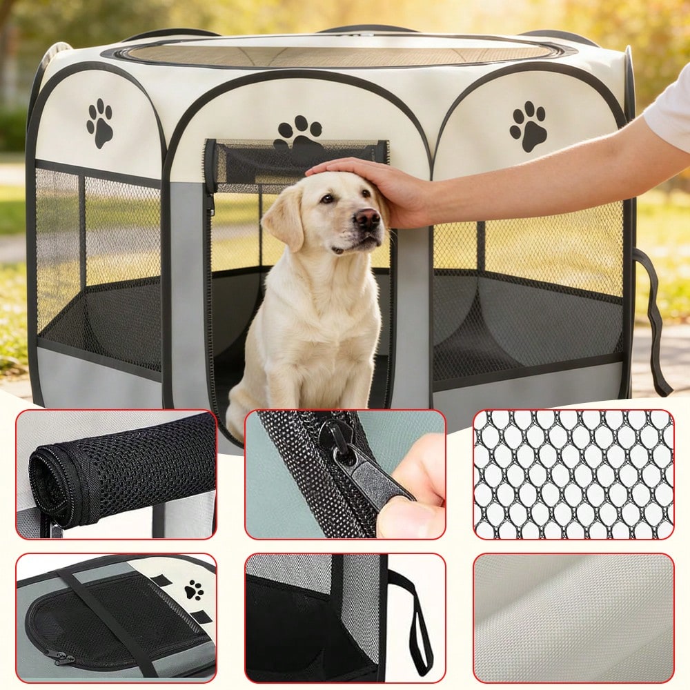 Light grey foldable octagonal pet playpen and portable travel tent made of scratch-resistant Oxford fabric for dogs and cats