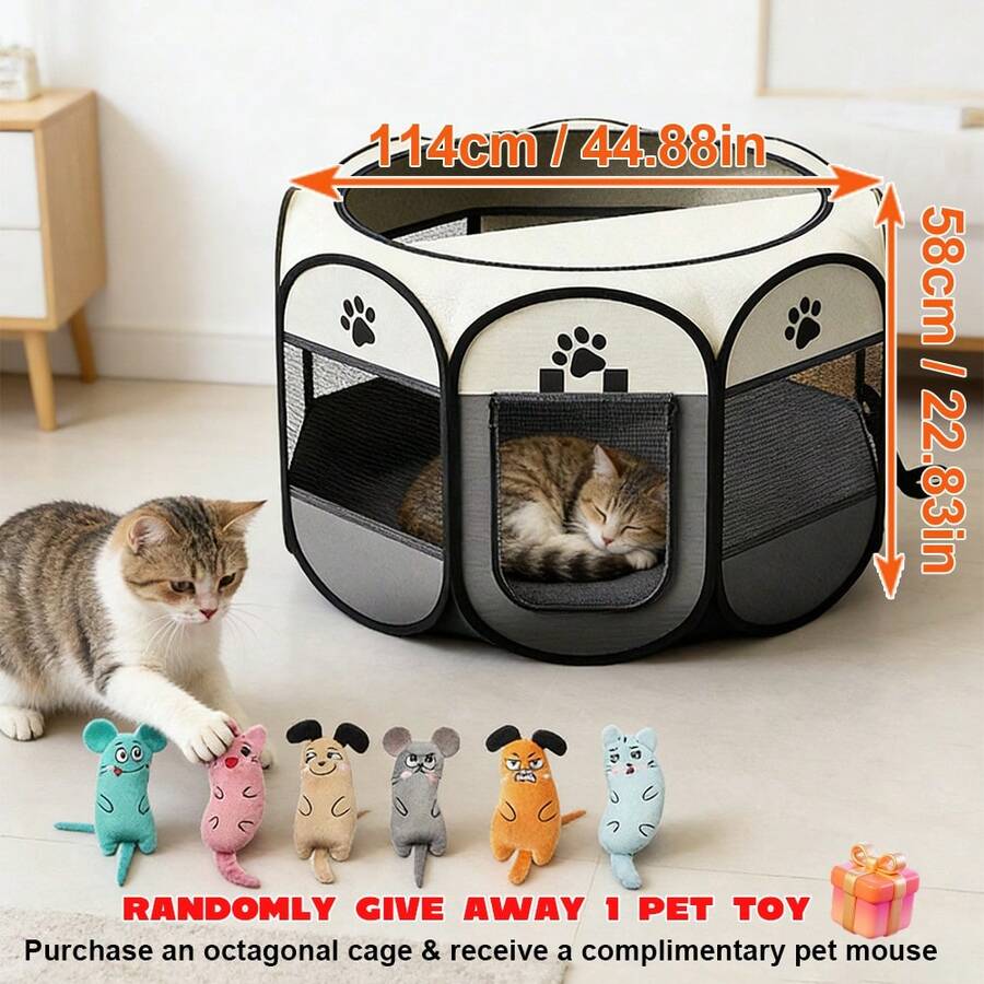 Light grey foldable octagonal pet playpen and portable travel tent made of scratch-resistant Oxford fabric for dogs and cats