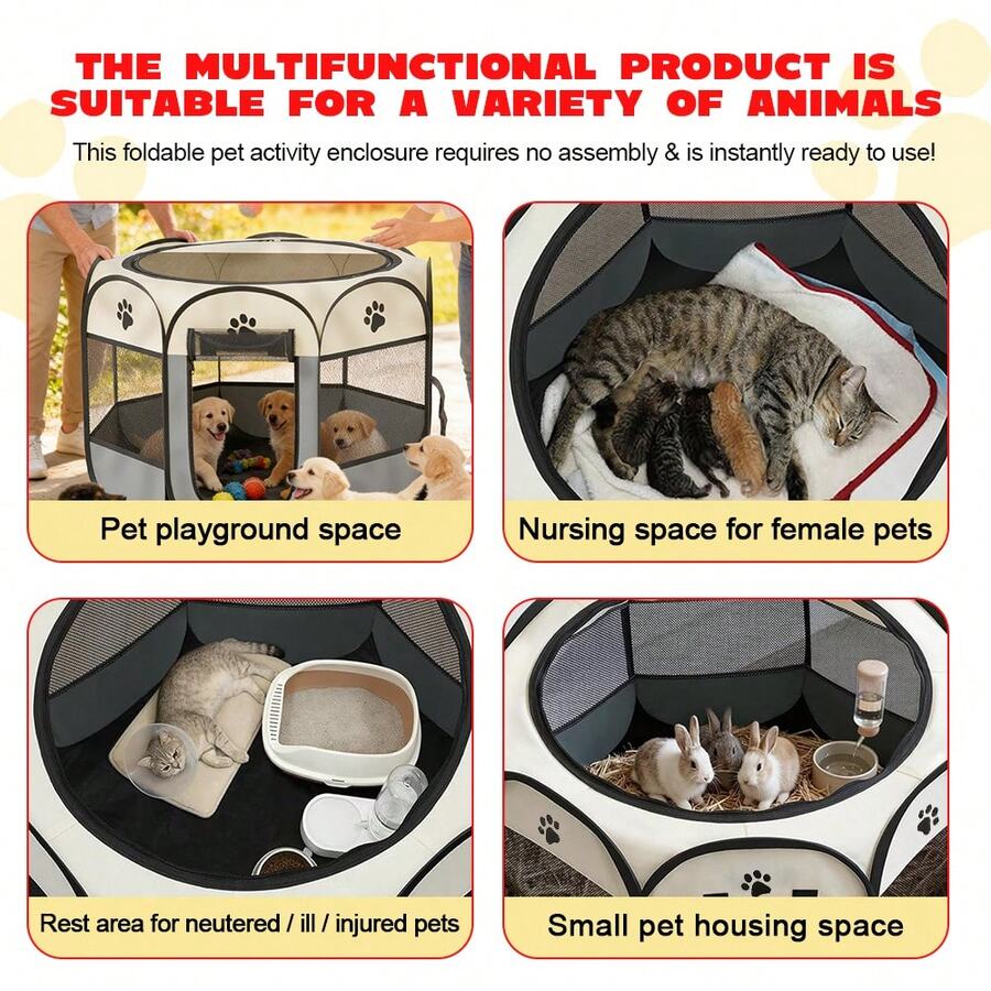 Light grey foldable octagonal pet playpen and portable travel tent made of scratch-resistant Oxford fabric for dogs and cats