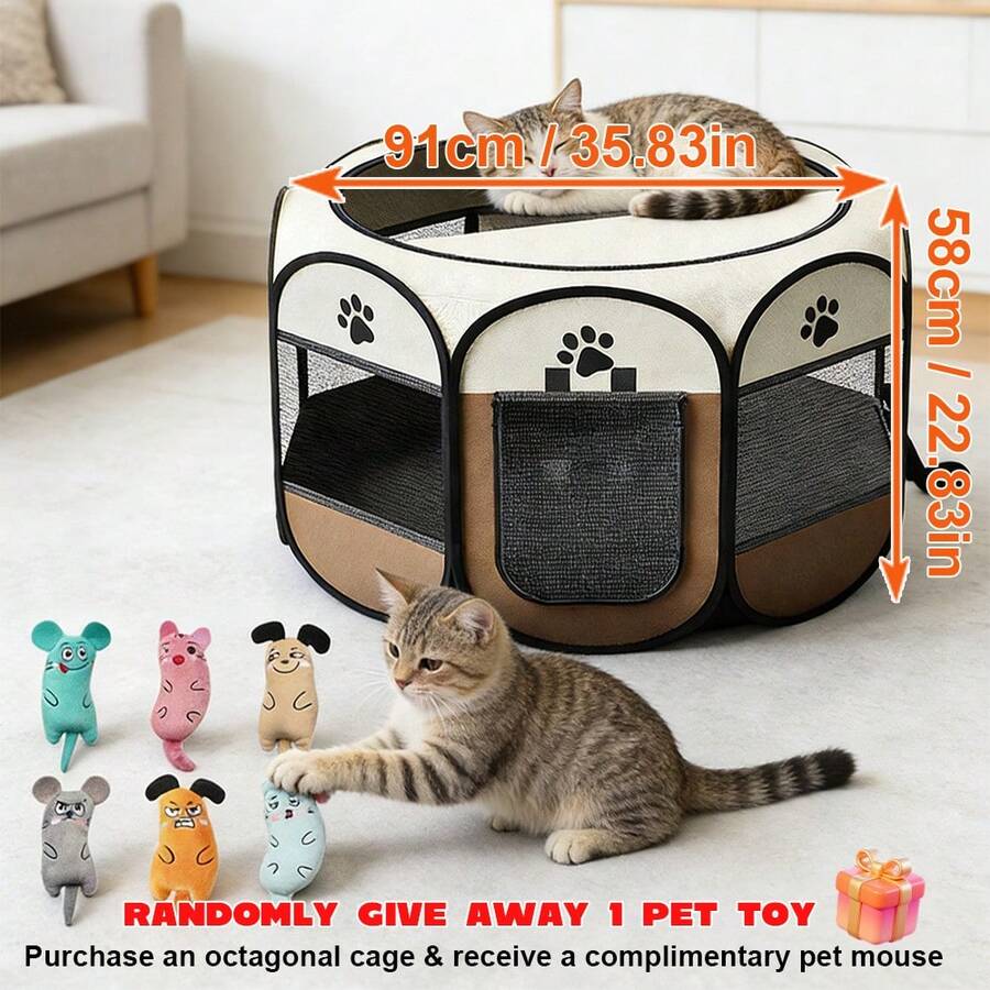 Light grey foldable octagonal pet playpen and portable travel tent made of scratch-resistant Oxford fabric for dogs and cats