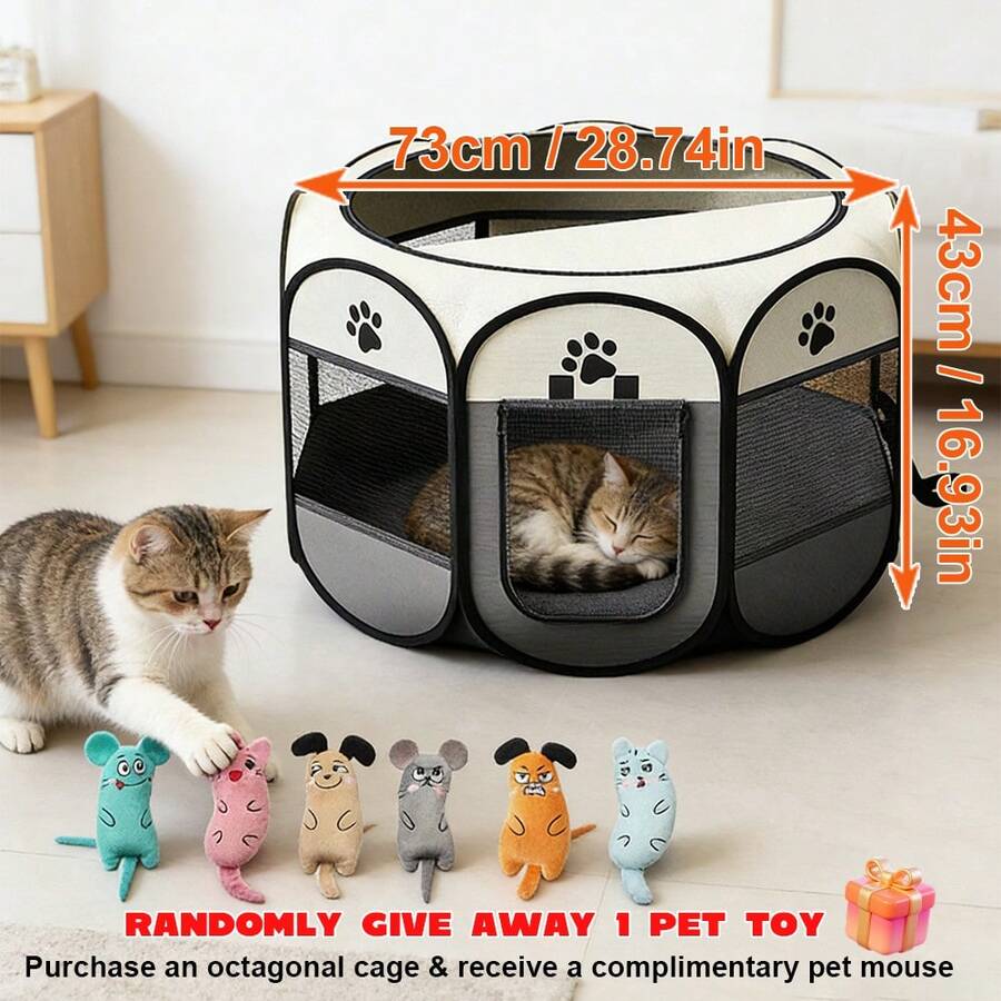 Light grey foldable octagonal pet playpen and portable travel tent made of scratch-resistant Oxford fabric for dogs and cats