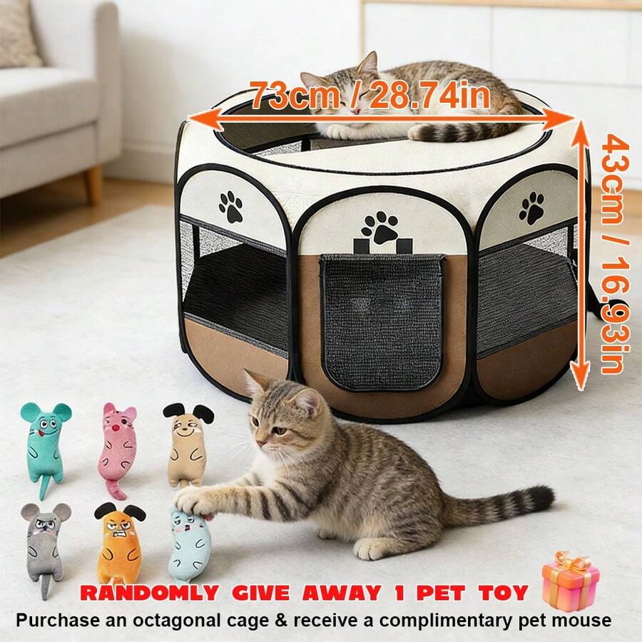 Light grey foldable octagonal pet playpen and portable travel tent made of scratch-resistant Oxford fabric for dogs and cats