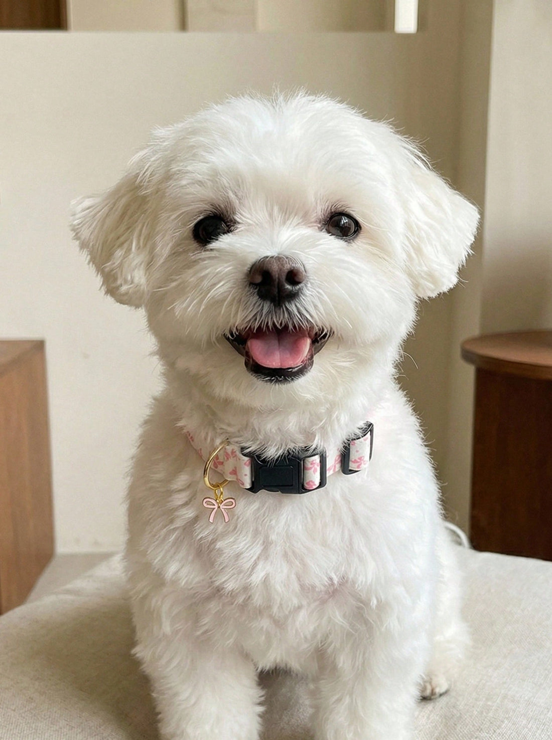 Baby pink adjustable polyester dog collar with sweet bow print and bow tie pendant for small, medium, and large dogs
