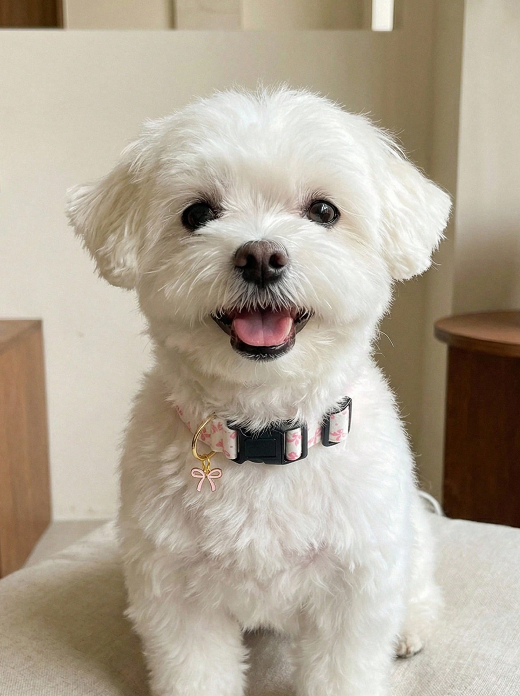 Baby pink adjustable polyester dog collar with sweet bow print and bow tie pendant for small, medium, and large dogs