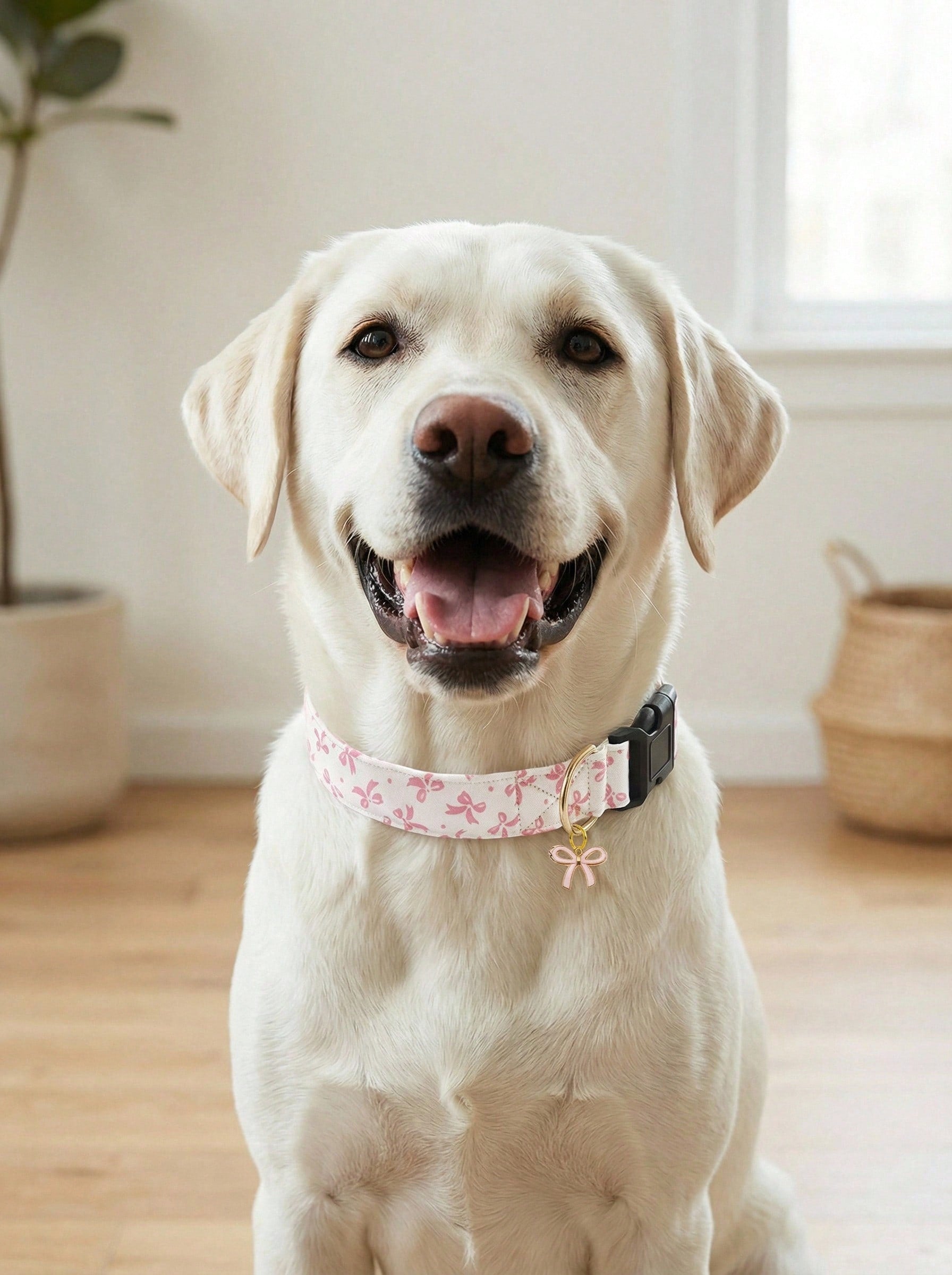 Baby pink adjustable polyester dog collar with sweet bow print and bow tie pendant for small, medium, and large dogs