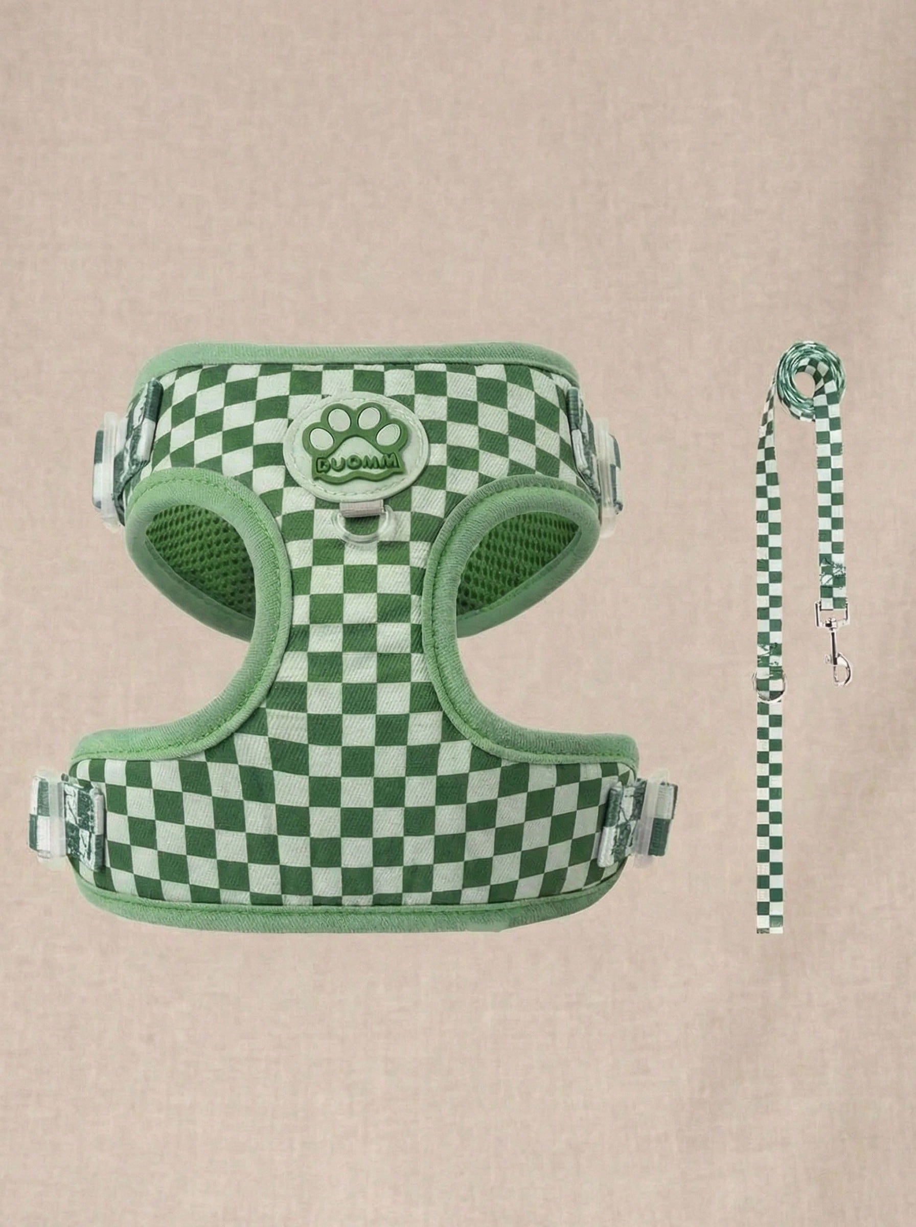 Green plaid dog harness and leash set made of breathable polyester mesh with adjustable anti-friction design, back round ring, matching leash, and waste bag holder for small dogs and cats.