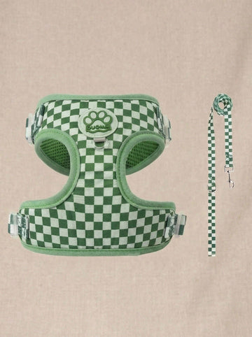 Green plaid dog harness and leash set made of breathable polyester mesh with adjustable anti-friction design, back round ring, matching leash, and waste bag holder for small dogs and cats.