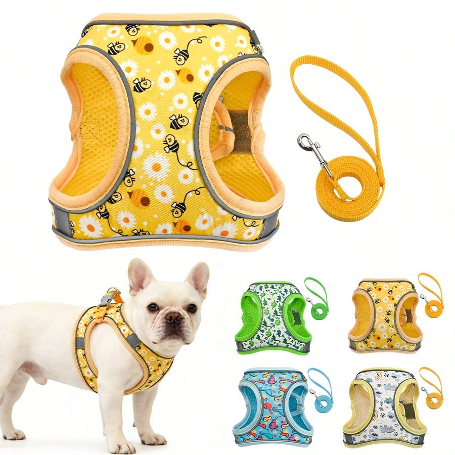 Dog Harness And Leash Set Features A Breathable Honeycomb Mesh Design To Prevent Overheating And Sweating. Reflective Strips Enhance Safety During Nighttime Walks, And The Anti-Escape Design, Combined With Cute Prints, Perfect Choice For Daily Walks With