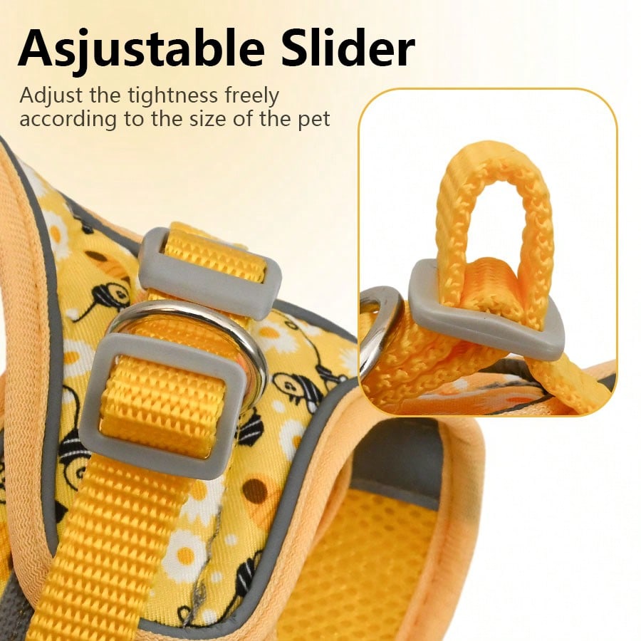 Dog Harness And Leash Set Features A Breathable Honeycomb Mesh Design To Prevent Overheating And Sweating. Reflective Strips Enhance Safety During Nighttime Walks, And The Anti-Escape Design, Combined With Cute Prints, Perfect Choice For Daily Walks With