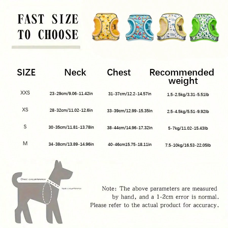 Dog Harness And Leash Set Features A Breathable Honeycomb Mesh Design To Prevent Overheating And Sweating. Reflective Strips Enhance Safety During Nighttime Walks, And The Anti-Escape Design, Combined With Cute Prints, Perfect Choice For Daily Walks With