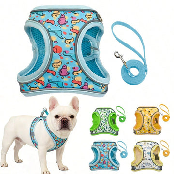 Dog Harness And Leash Set Features A Breathable Honeycomb Mesh Design To Prevent Overheating And Sweating. Reflective Strips Enhance Safety During Nighttime Walks, And The Anti-Escape Design, Combined With Cute Prints, Perfect Choice For Daily Walks With
